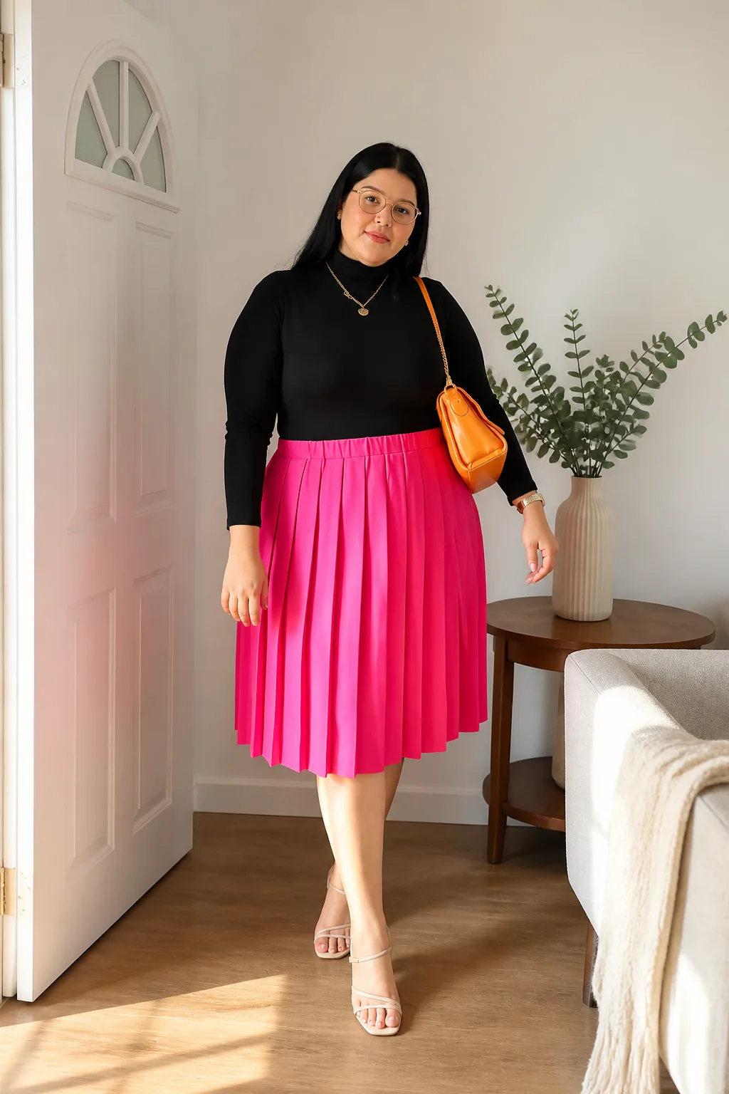 Vibrant Pleated Skirt with Turtleneck