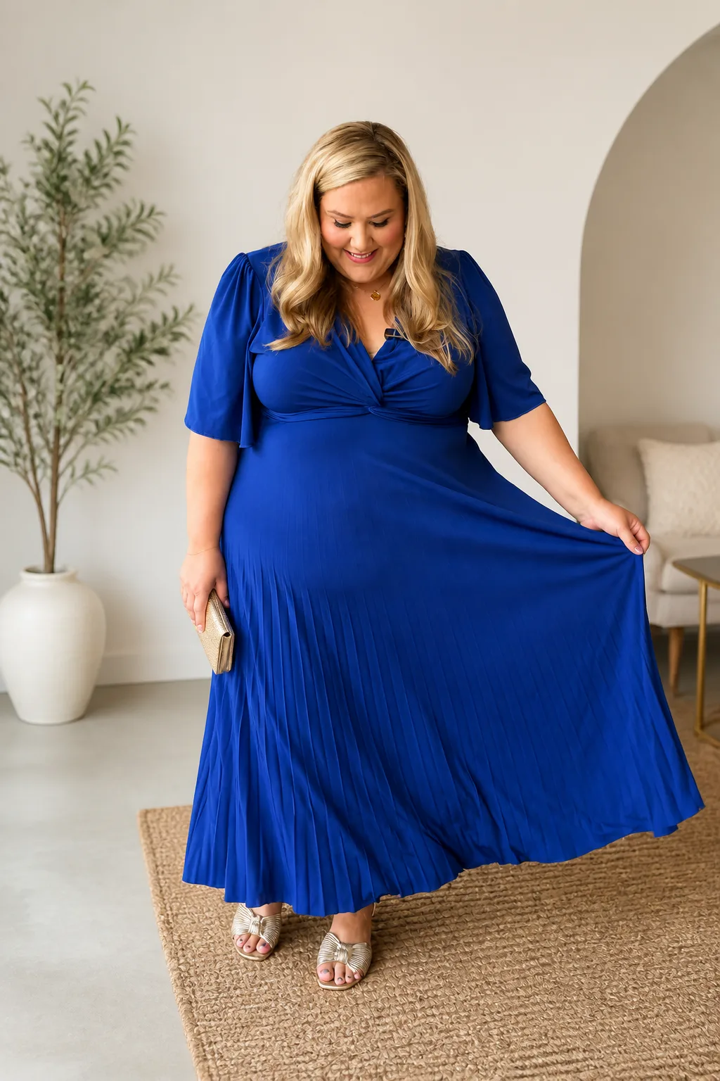 Vibrant Royal Blue Pleated Guest Dress